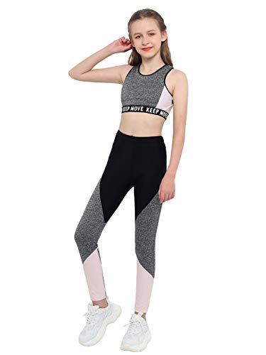 Doomiva 2 Pièces Ensemble Survêtement Enfant Fille Ado Vêtements de Sport Eté Brassière Corp Tops de Danse Yoga Leggings Jogging Pantalon de Sport Fitness Streetwear 4-16 Ans A Gris 12 Ans