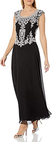 J Kara Women s Cap Sleeve Long Beaded Dress, Black White Silver, 12