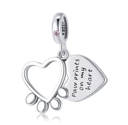 Paw Prints On My Heart Dangle Charm Pet Cat Dog Animal Memorial Genuine 925 Sterling Silver Compatible With Pandora Bracelet