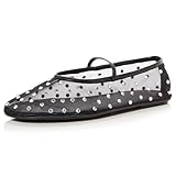 Rhinestone Mesh Ballet Flats for Women Crystal Embellished Mary Jane Flats Stretch Band Ballerina Shoes Black