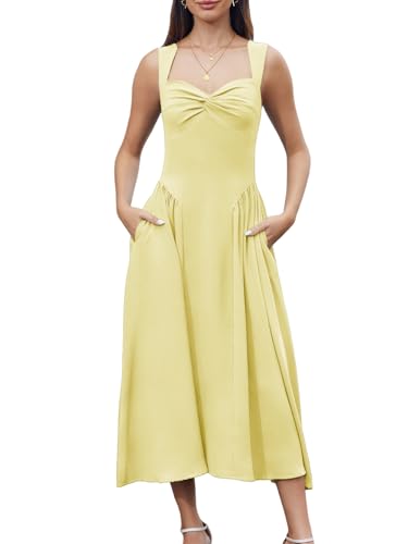 Image of Women's Wedding Guest Dress Corset Sleeveless Semi Formal Bridesmaid Flowy Midi Dresses with Pockets