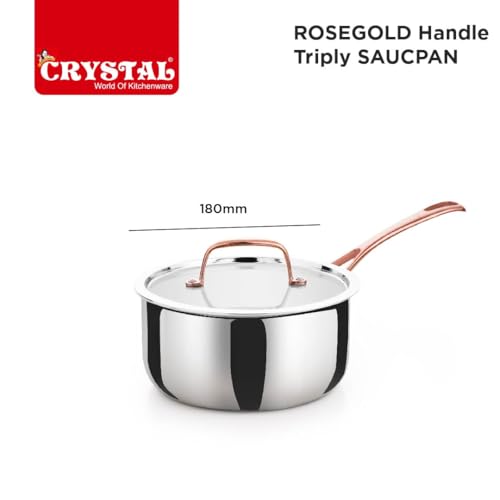 Image of Crystal TriPro -Triply Stainless Steel Saucepan with Lid - 18 cm (Induction Bottom), with Rose Gold Handle (CTP-SP-003A)