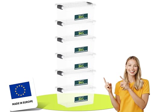 uandu Aufbewahrungsbox mit deckel groß, 6er Set BPA Frei Kunststoff, Aufbewahrungsboxen Stapelbar, Hundefutter trocken 15kg Aufbewahrung, Plastikbox, Storage Boxes - 34Lx6