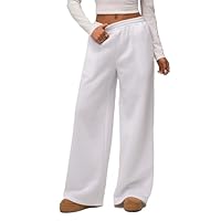 Gadgetora Womens Drawstring Pants Waist Straight Long Wide Leg Sweatpants Casual Loose Baggy Workout Long Fall Suitable White