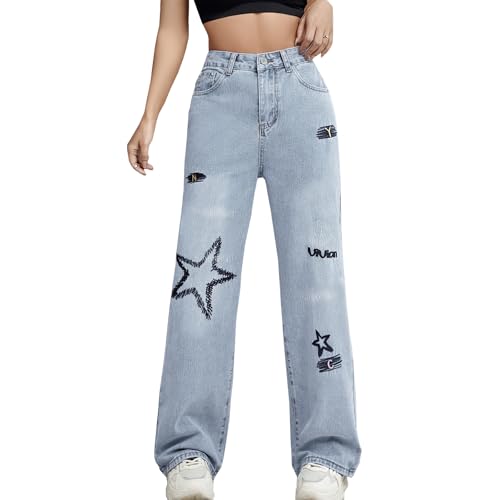 Baggy Jeans for Women Teen Girls High Waist Straight Leg Stretch Y2K Denim Pants Loose Fit Letter Print Cute Boyfriend Jeans