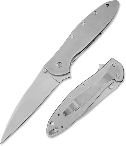 Tactical Folding Pocket Knife Flipper EDC Knives 3' Bead Blast Plain Blade, Stainless Steel Handles with Reversible Pocketclip for Men Women