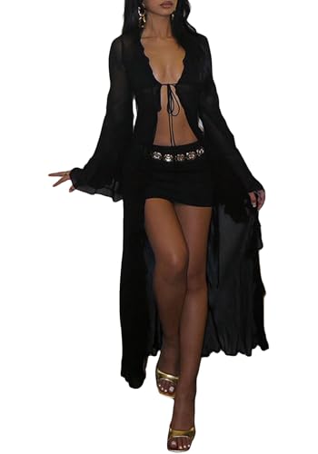 NRTHYE Women Mesh Long Flowy Kimono Cardigan Sexy Sheer Long Sleeve Ruffled Chiffon Duster Robe Summer Beach Cover Up