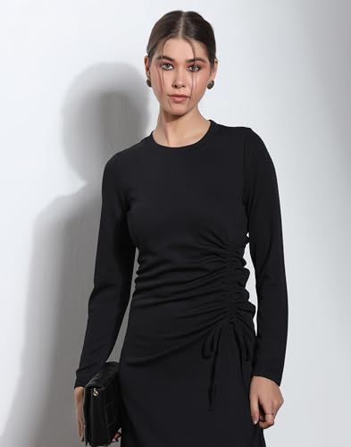 Image of Selvia Women's Black Ribbed Lycra Ruched Side Long Sleeve Dress