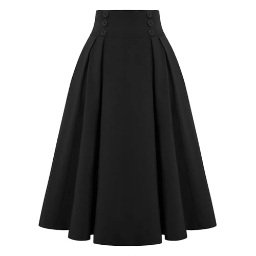 Falda Midi a Cuadros para Mujer Falda Plisada de Cintura Alta con Bolsillos Falda Elegante Acampanada con Cintura elástica en Forma de A-Negro-M