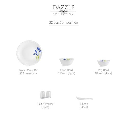 Image of Cello Opalware Dazzle Series Blue Iris Dinner Set | Microwave & Dishwasher Safe | Light-Weight & Thermal Resistant | Crockery Set for Dining & Gifting | Set of 22, White
