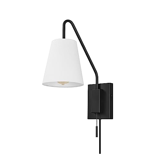 Image of Globe Electric 1-Light Matte Black Swing Arm Plug-in or Hardwire Wall Sconce with White Fabric Shade