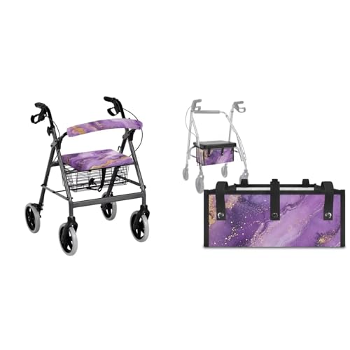 Yorfeemge Rollator Walker Seat and Backrest Cover Universal Easy to Install Rollator Accessories for Seniors 3 Pcs Portable Rollator Walker Basket Purple Marble Pattern