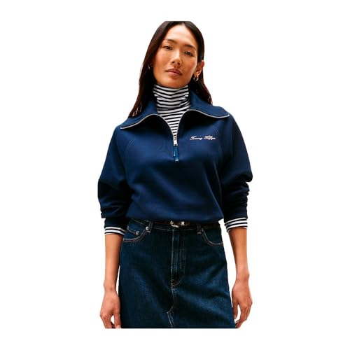Tommy Hilfiger Sudadera con Cremallera Mujer Classic Script Fleece Media Cremallera, Azul (Dark Night Navy), M