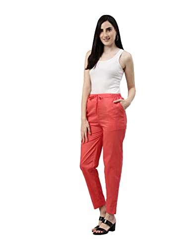 Image of GO COLORS Women Solid Medium Coral Mid Rise Cotton Pants - L