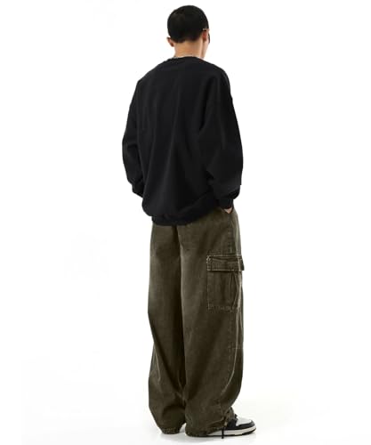 Bakyarder Men's Vintage Washed Cargo Jeans, High Waist, Baggy Wide Leg, Unisex Streetwear with Multiple Pockets
