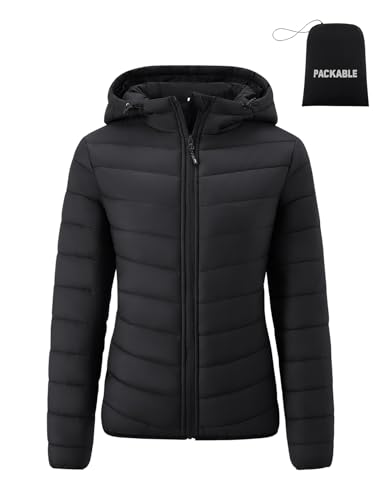 Gihuo Women's Packable Lightweight Hooded Puffer Jacket Quilted Winter Outdoor Jacket with Storage Bag (US, Alpha, Medium, Regular, Regular, Black)