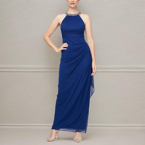Image of Mesh Dress with Beaded Halter Style Neckline and Cascade Ruffle Detail Skirt