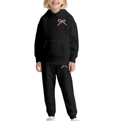 Conjunto de 2 piezas de sudadera con capucha y pantalones deportivos de algodón para niñas adolescentes y chándales de forro polar, ropa deportiva informal, Negro, 7-8 años
