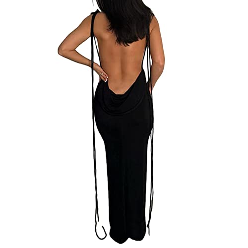 JUMISEE Damen-Maxikleid, sexy, rückenfrei, elegant, ärmellos, Spaghettiträger, Abendkleid, langes Club, Party, Strandkleid, Schwarz, Klein
