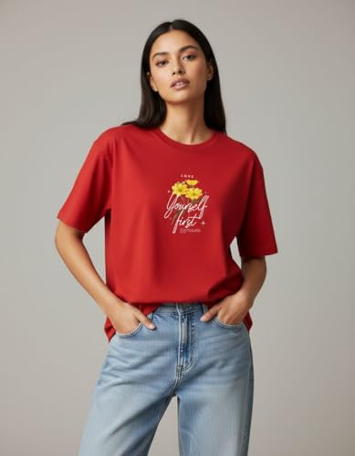 Image of Oversized Cotton T-Shirt for Women Half Sleeve - Love Yourself First Printed Tee - Breathable Loose Fit Motivational Casual Wear for College and Daily Outfits