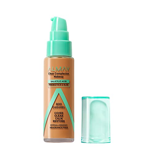 Almay Clear Complexion Acne Foundation Makeup with Salicylic Acid - Lightweight, Medium Coverage, Hypoallergenic, Fragrance Free, for Sensitive Skin , 800 Caramel, 1 fl oz.