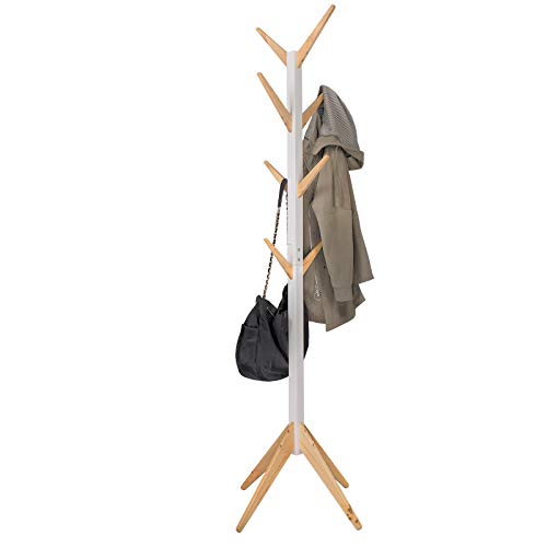 WOLTU Porte-Manteau en Bois massif Portant de manteau sur pied 180cm avec 8 Crochets Blanc+Nature SR0116wnt