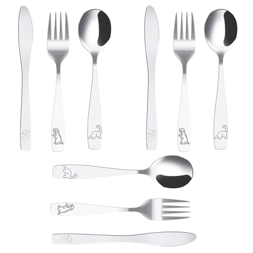 9 Pièces Couverts Enfant INOX, 3 x Fourchette 3 x Cuillère et 3 x Couteaux Dentelé, Couverts pour Enfants Lot de 3, Personnalisé Dinosaure Gravé (9pcs...