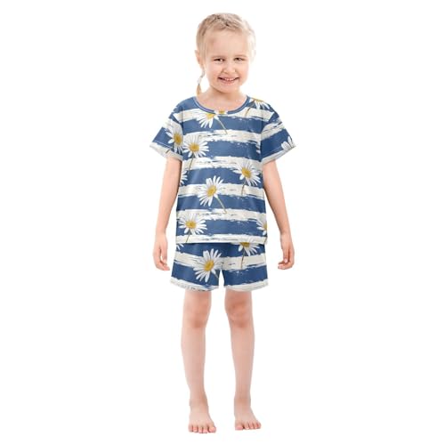 ALAZA Daisy Flowers Blue Stripes Pajama Set Short Sleeve Sleepwear Soft Lounge Nightwear3