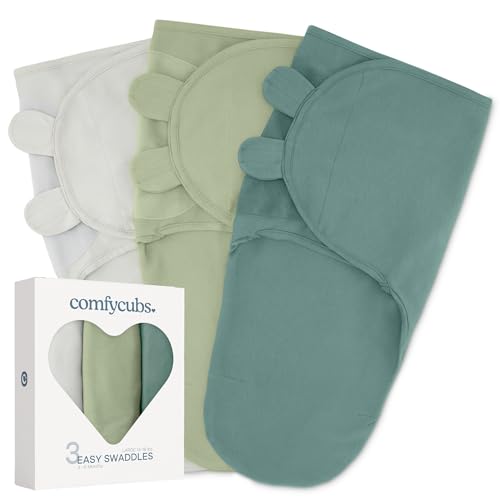 Image of Comfy Cubs Easy Swaddle Blanket, 3 Pack - 100% Cotton Newborn Wrap, Large for 3-6 Months Infants, Breathable and Durable Sleep Sack for Babies - Stone, Sage, Azul