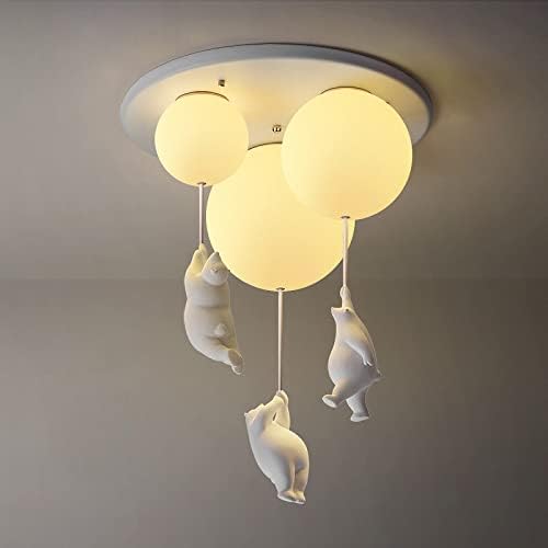 Miniatura 3 de CraftThink Lámpara de techo semiempotrada, bonita lámpara de araña con pantalla de vidrio crema, 3 bombillas, globo, diseño de oso polar, lámpara de