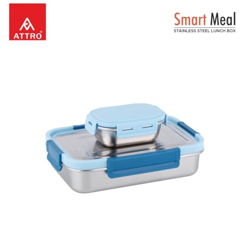 Image of ATTRO Smart Meal Medium Stainless Steel Lunch Box with 1 Small Container Airtight Spill-Proof BPA Free Food Grade Ideal for Office, School, Picnic- Blue-800ml+170ml
