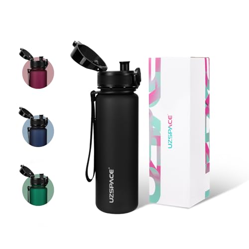 UZSPACE Water Bottle Kids with Strainer - BPA Free Drinking Bottles for Adults - Sports Water Bottle 500ml with Capacity Scale - Daily Water Intake Bottle for School or Fitness & Outdoors Black