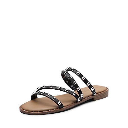 DREAM PAIRS Women's Clear Studded Rhinestone Slide Sandals Slip on Open Toe Cute Flat Sandals for Summer 9 Black/Pu/Rivet