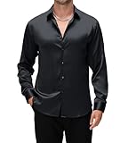 Damipow Satin Silk Mens Dress Shirts Long Sleeve Button Up Shirt Wedding Party Prom Shirt,Black,L