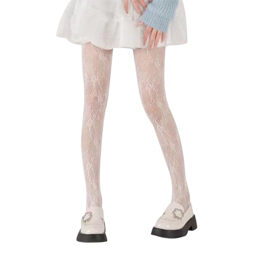 Collant Blanc Femme en Dentelle Florale Creuse - Collants de Ballet Avec Résille et Jupe Blanche - Fins(L)