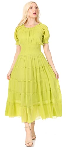 Image of Sakkas Cotton Crepe Smocked Peasant Gypsy Boho Renaissance Mid Length Dress