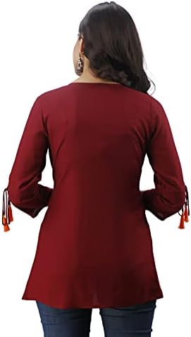 DMP FASHION Women's Rayon Classic Heavy Embroidery Top with Beautifull Tassels at Front and on Both Sleeves