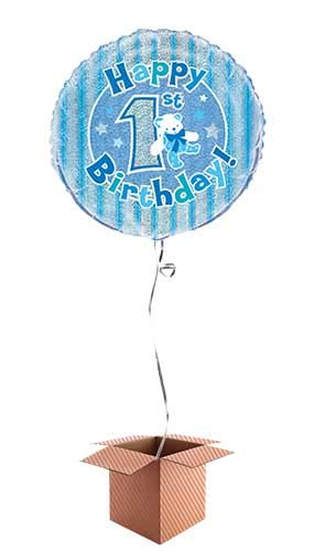 PARTYRAMA.CO.UK Happy 1st Birthday Blue Holographic Round Foil Balloon - Inflated Balloon in a Box