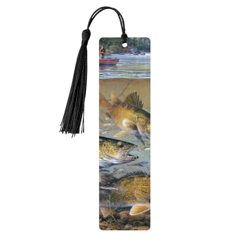 Fishing Lake Fishermen プリント タッセル付き木製ブックマーク 5個 読書ページマーカー ブックマーク 男性/女性へのギフトに