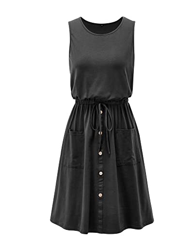 Ii Inin Women's Round Neck Sleeveless Drawstring Midi Dress Adjustable Waistline Sundress With Pockets(Black,M) #TOP4