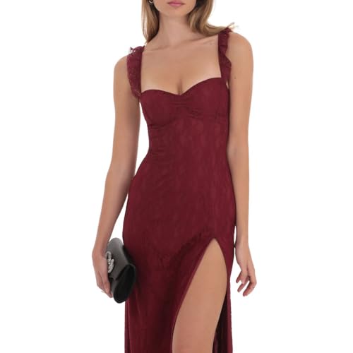 Image of Women Sexy Lace High Split Long Dress Sweetheart Neck Ruffled Sleeve Backless Maxi Dress Party Cocktail Cami Dress