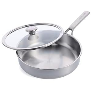 Merten & Storck Tri-Ply Stainless Steel 3.5QT Saute Pan with Lid, Professional Cooking, Multi Clad, Measurement Markings, Drip-Free Pouring Edges, Durable Glass Lid, Induction, Oven & Dishwasher Safe