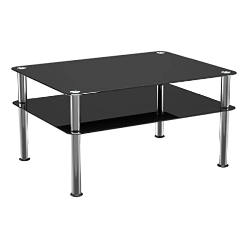 mahara Table basse en verre noir – Grande table d'appoint avec étagère et pieds en acier inoxydable poli – 80 x 60 x 41,5 cm (l x P x H)