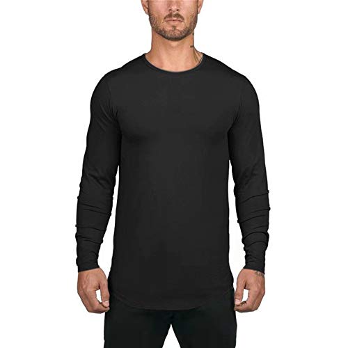 Mens Longline Long Tshirts Hipster Gym Muscle Bodybuilding Scallop Crewneck Long Sleeve Tees Shirts Tops (L, Black)