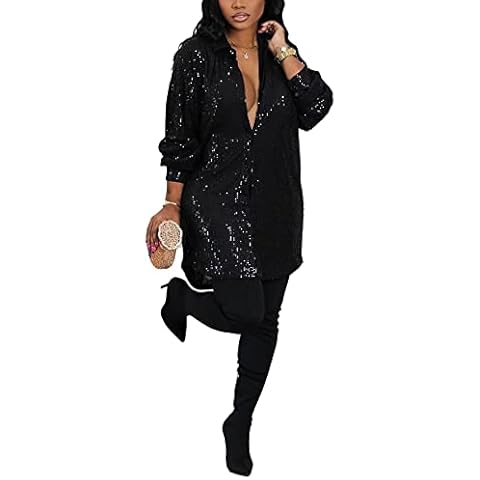 Sequin Dress for Women Sparkle Glitter Evening Lapel Collar Button Down Casual Blouse Top Shirt Dresses 1-Black X-Large Cover