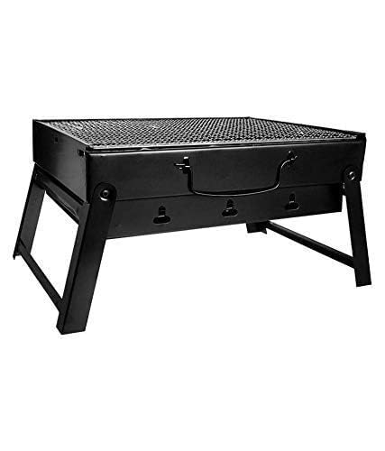 Image of NEW 2026】Portable Barbecue Grill Folding BBQ Grill, 【5 Pc Combo】12 Skewers, 2 Spatula, 1 BBQ Grill, 1 Air Blower, Foldable Charcoal Barbecue Set for Outdoor Camping, Picnic, Travel - Heavy Duty Black