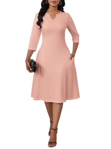 Image of PinkPatty Women's Casual 3 /4 Sleeve Midi Dresses Fit and Flare Church Work Dress with Pockets