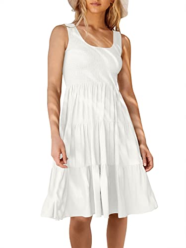 ANRABESS Women's Summer Sleevelesss Scoop Neck Smocked Ruffle Tiered Mini Tank Beach Dress A844-baise-M White