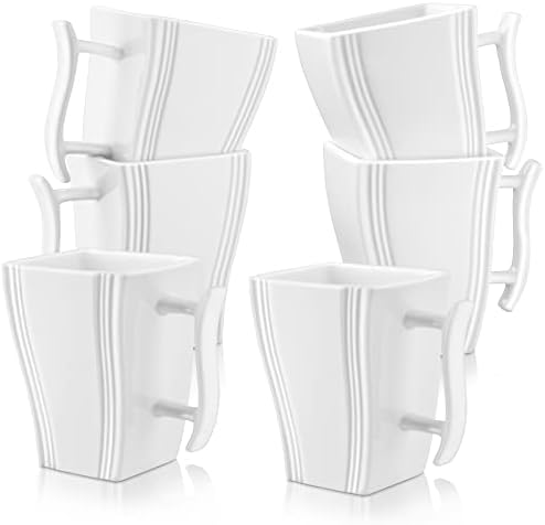 MALACASA, Series Flora, 6-Piece 4.5" Porcelain Cups 11.5 OZ Ivory White China Square Coffee Mugs Coffee Service Mug Set
