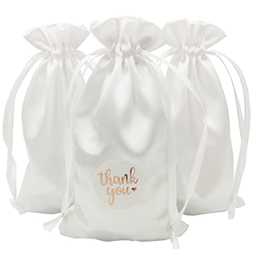 DUGYIRS 30 Stück Satin Weiß Geschenktüten 12cmx20cm, Geschenk Taschen Schmuckbeutel Kordelzugbeutel für Babydusche Hochzeit Party Weihnachtsgeschenktüten